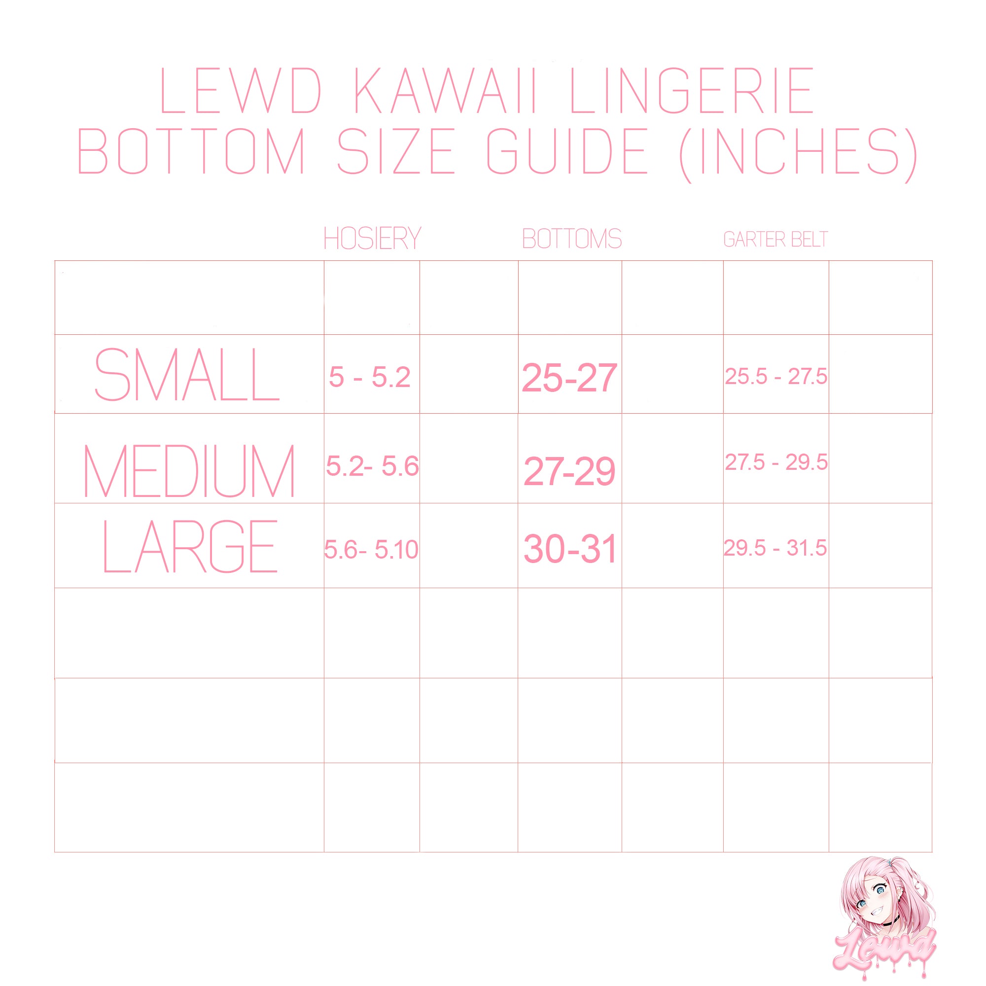 Lewd Kawaii Lingerie Set BOTTOM SIZE GUIDE