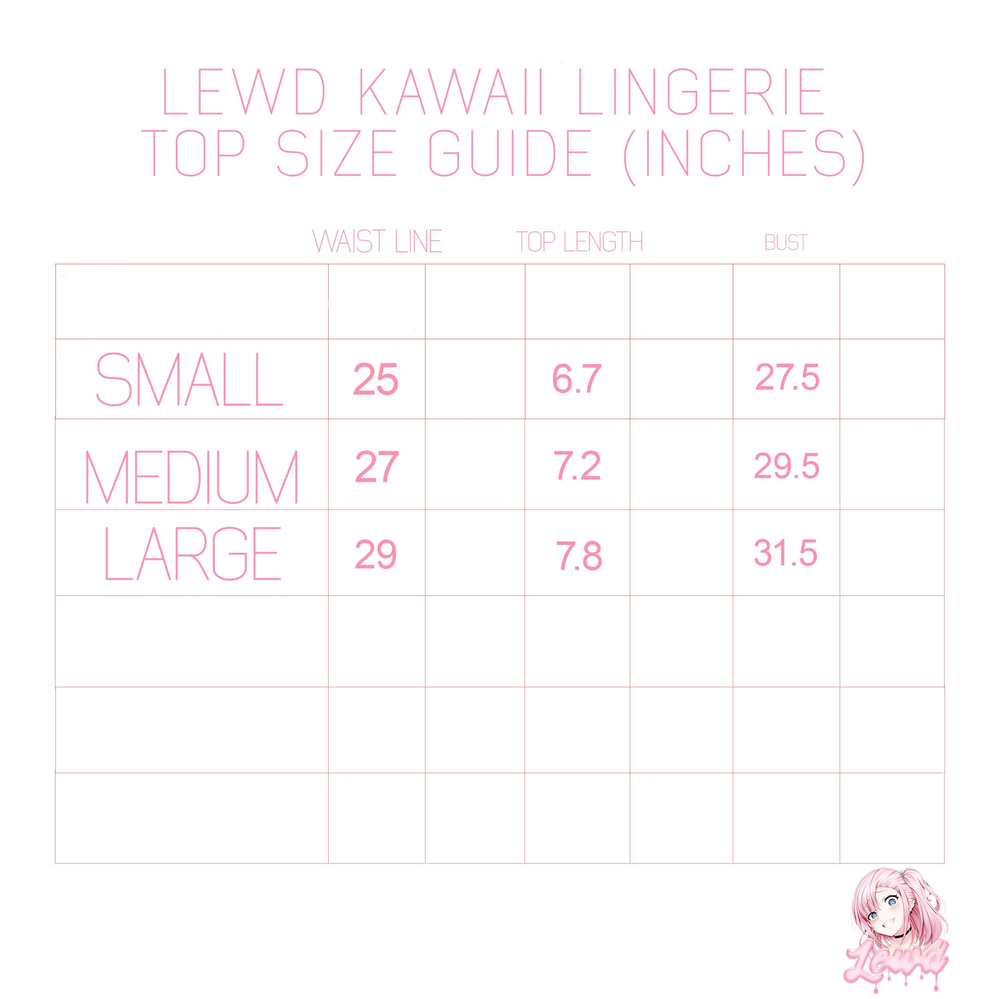 Lewd Kawaii LIngerie Set TOP SIZE GUIDE