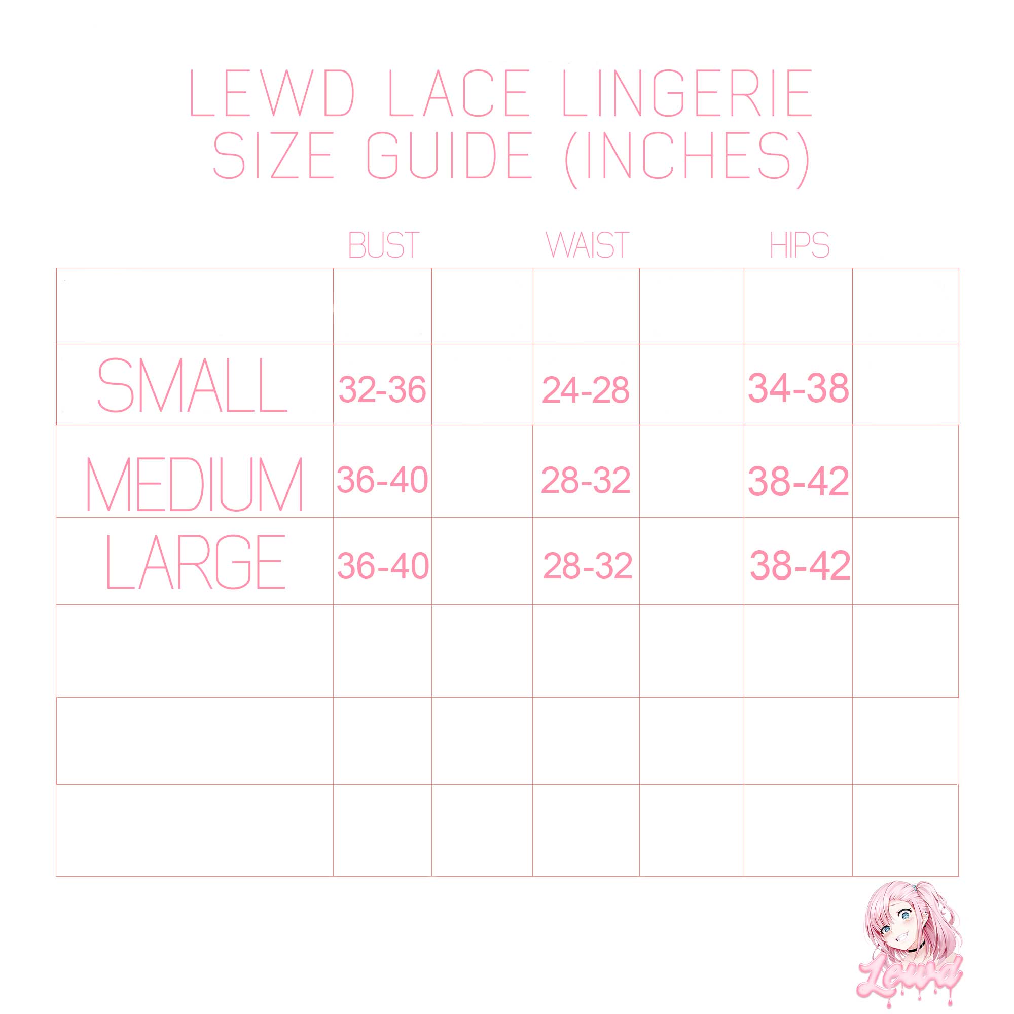 Lewd Lace Lingerie Size Chart