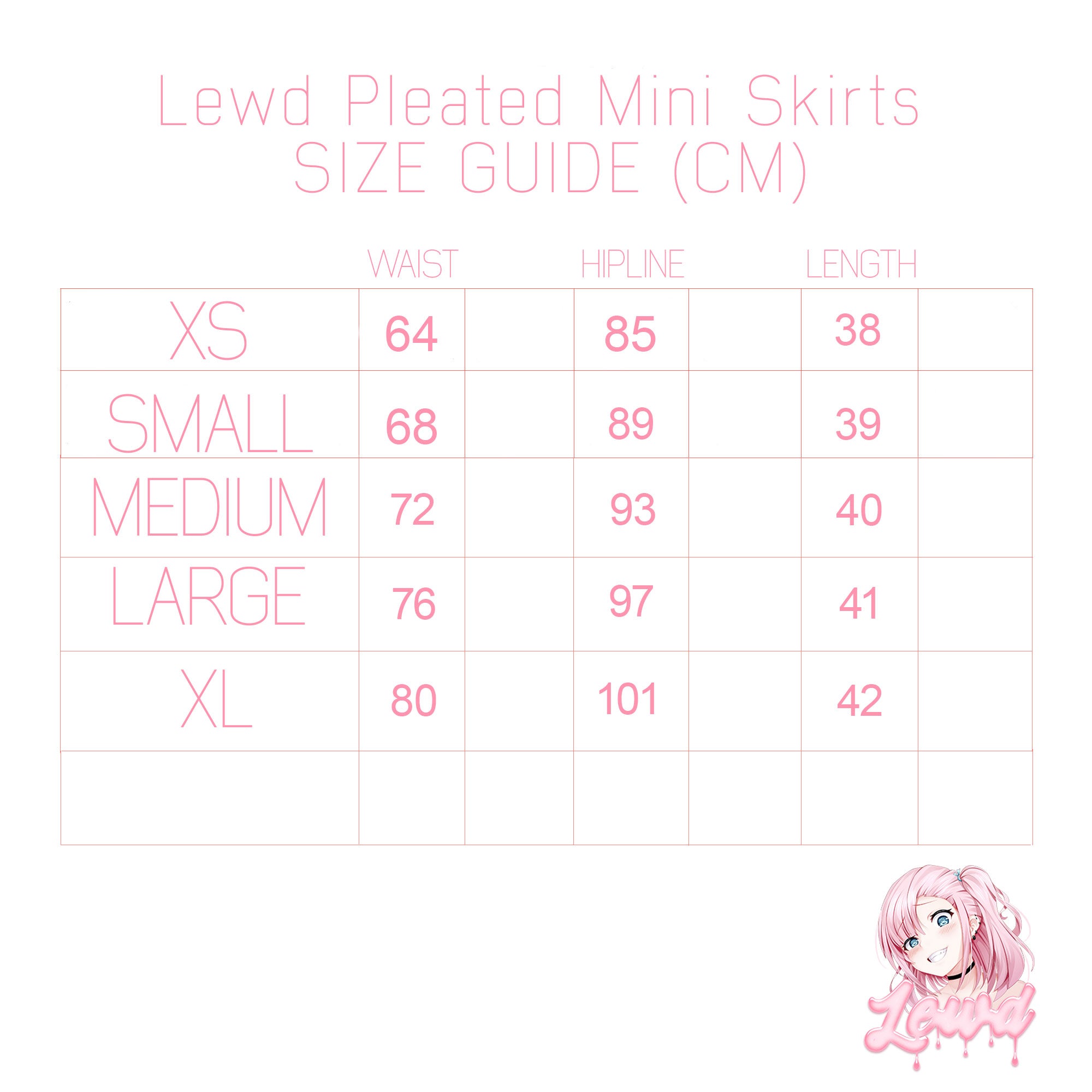 Guide des tailles des mini-jupes plissées Lewd