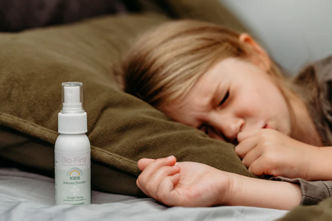 Bio-First Kids Manuka Soother Syrup "Upgrade your family care with this natural, alcohol-free soothing syrup powered by Manuka Honey UMF10+, Australian River Mint, Thyme, Kakadu Plum & more.  Treat your kids' (ages 2+) to a loving spray when they need that extra care."