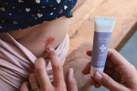 Bio-First 'Self Heal' Salve antibacterial essential for when your skin has been upset by something that:  Is dirty or yucky Is rough Is prickly Is sharp Stings or bites Burns
