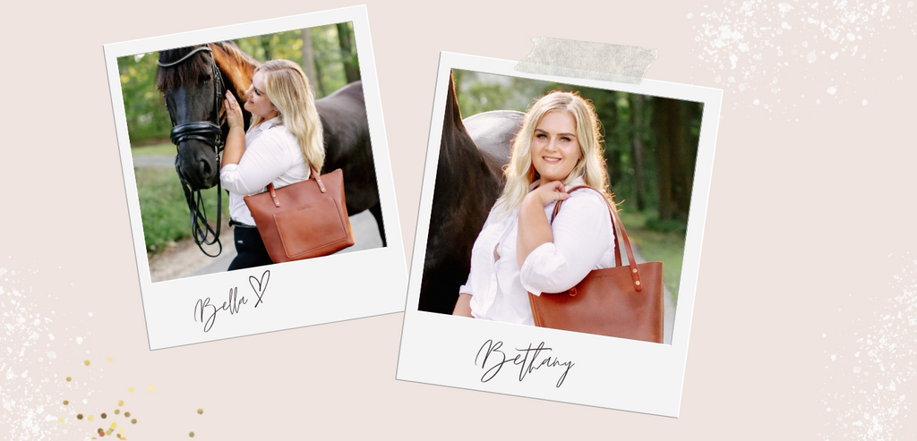 Two polaroids on a cream background, woman with blonde hair, white shirt, and brown leather purse is in both pictures, standing next to a large, black horse. Handwriting on pic 1 says "Bethany," indicating the woman's name and on the second "Bella," indicating the horse's name.