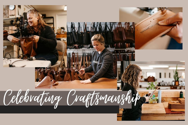 3 different images of 3 different women cutting or sewing leather in a shop. White script reads "Celebrating Craftsmanship"