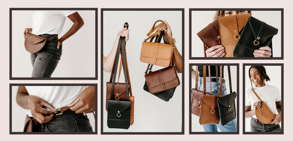 Collage of images of 2 models, one Black, one white, holding various small, leather handbags.