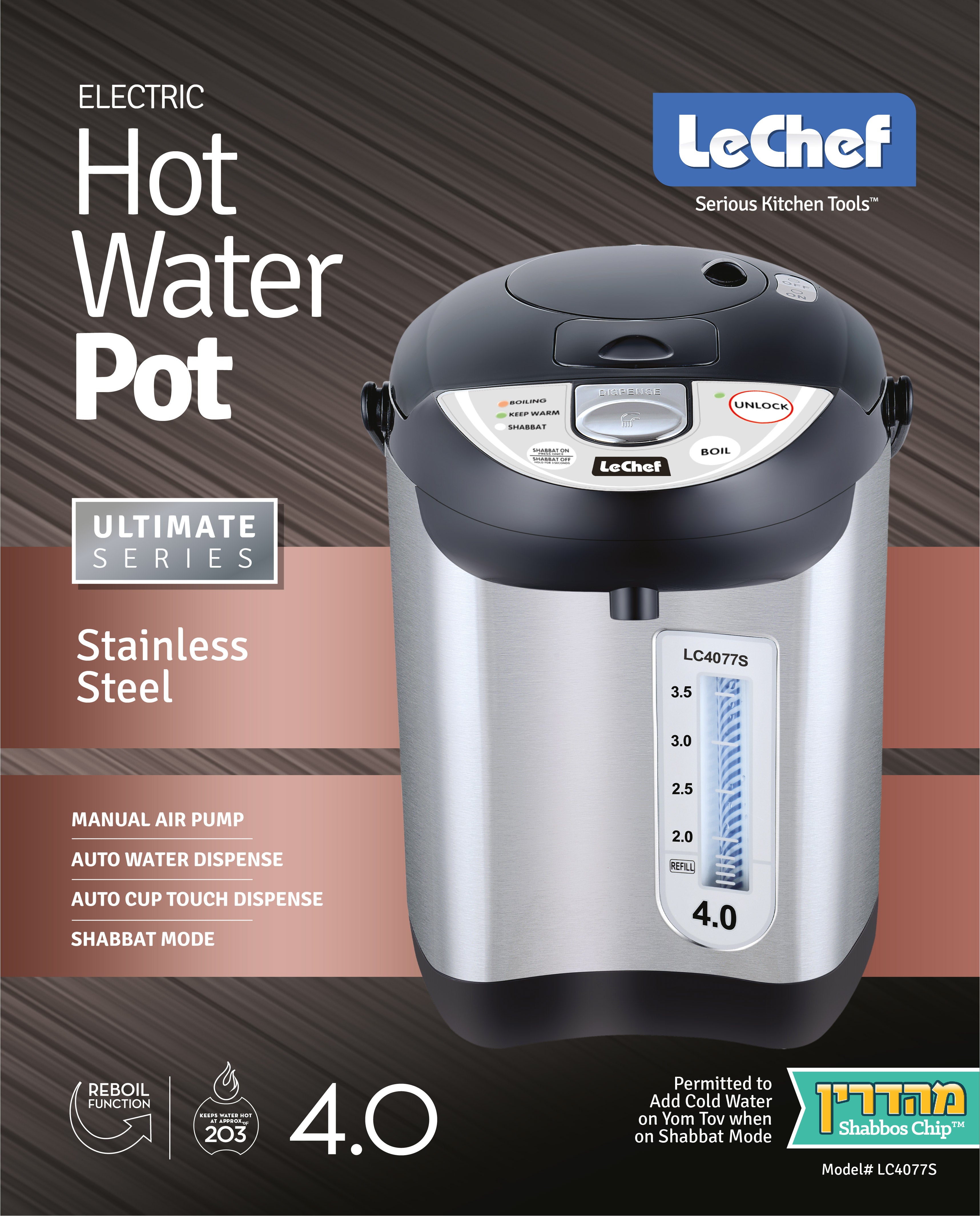 LE CHEF ELECTRIC HOT WATER POT 5.0 QT MODEL LC5477S WITH SHABBAT