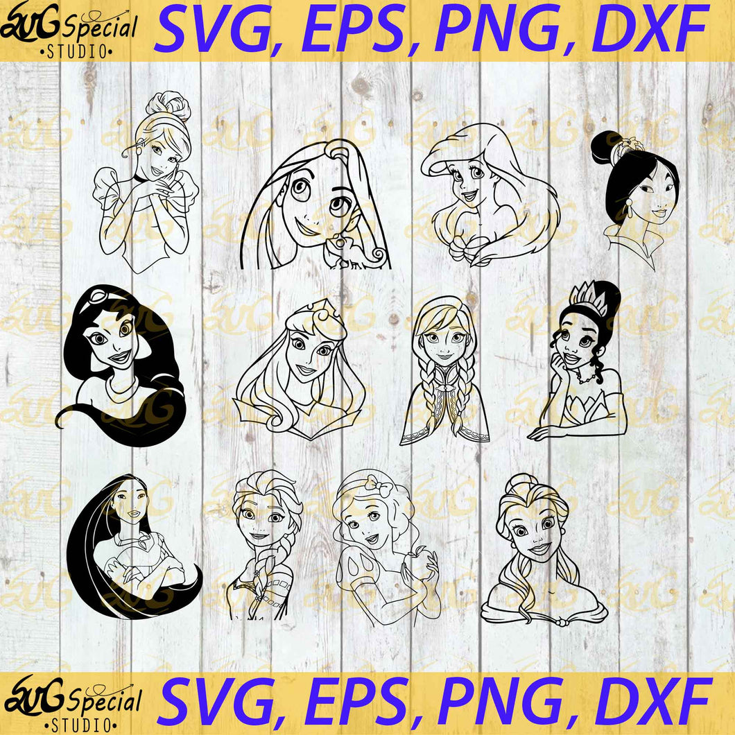 Princesses Silhouette Svg Princesses Face Svg Princess Svg Cartoon Bundle Clipart Cricut 