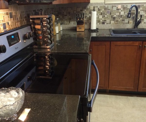 A kitchen countertop with a renovated epoxy finish.