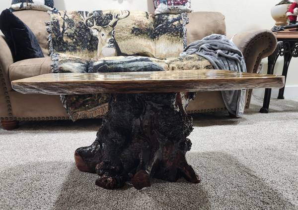 A live-edge wooden epoxy river coffee table with a tree stump used for support instead of traditional table legs.