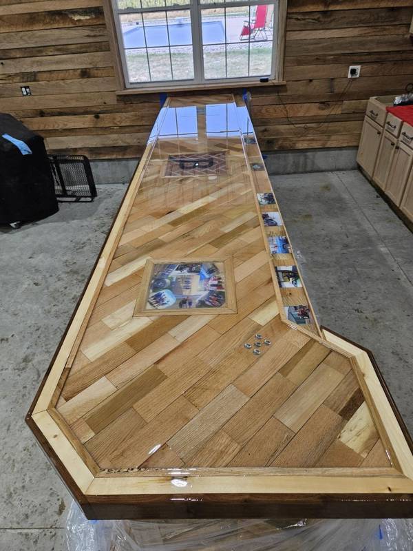 An angled view of a wooden epoxy countertop.