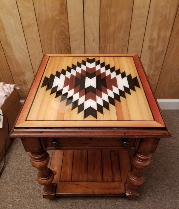 A wooden epoxy end table.