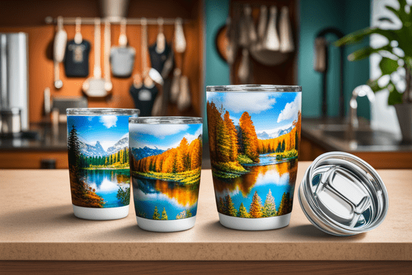 Epoxy tumblers of different sizes resting on a countertop surface.