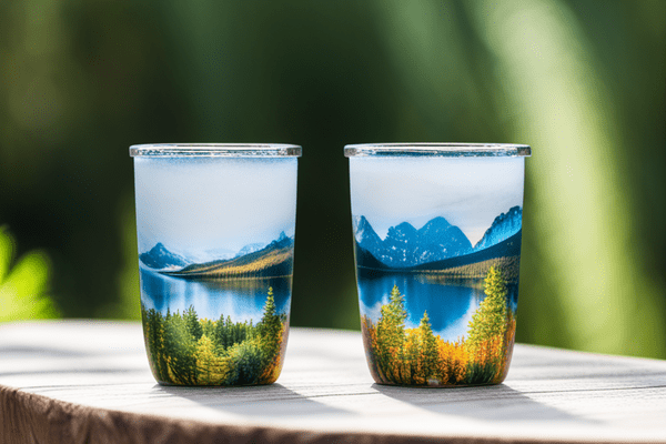 Two small nature-themed epoxy tumblers resing side by side on a wooden table top.