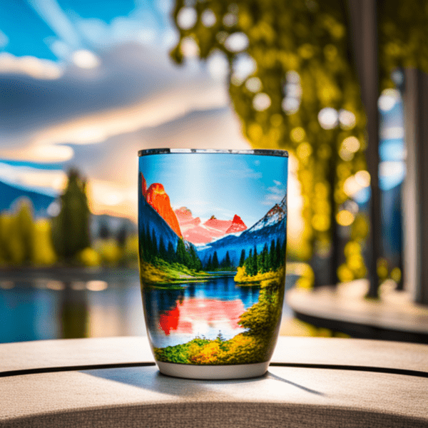 An epoxy tumbler on a table top during a sunrise.