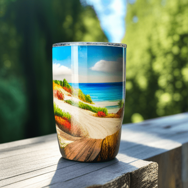 An epoxy tumbler on a wooden railing in broad daylight.