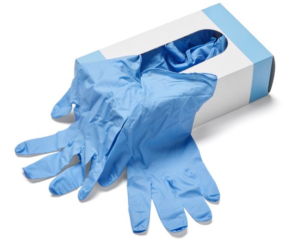 An opened box of unused blue nitrile gloves.