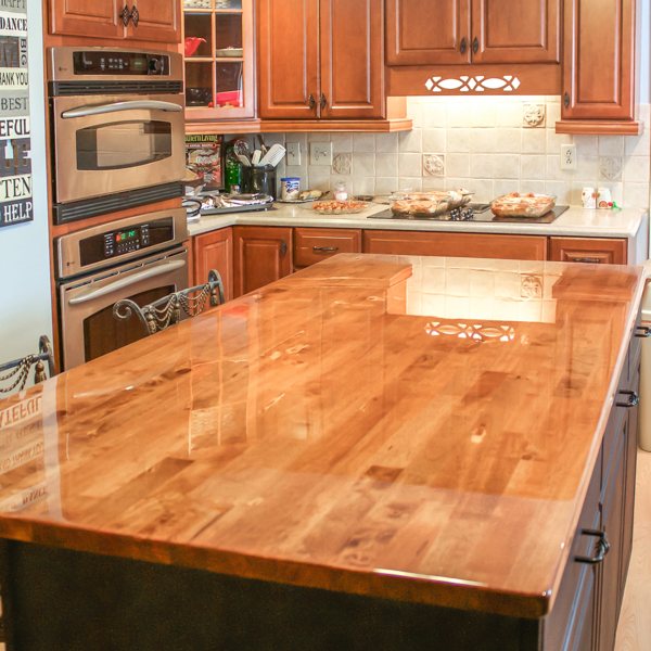 A set of wooden epoxy kitchen countertops.