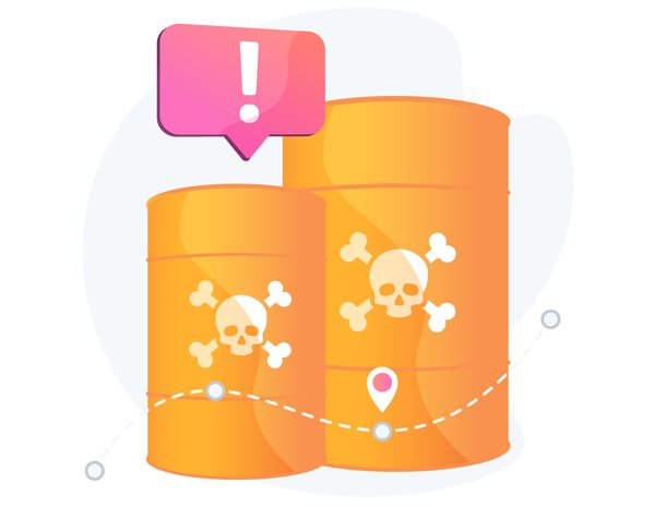 An abstract illustration of two large containers of toxic chemicals being transferred from one part of the world to another.