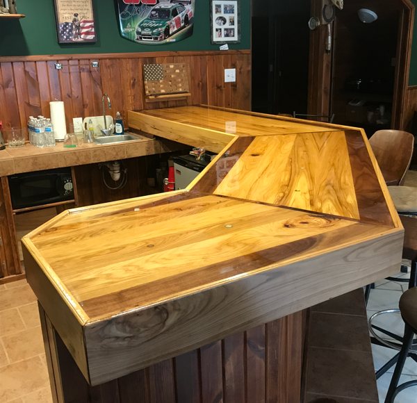 A wooden epoxy bar top.