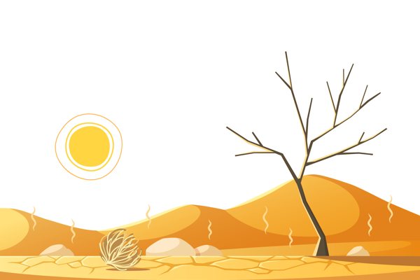 A illustration of a desert-like landscape experiencing sweltering heat from the sun.