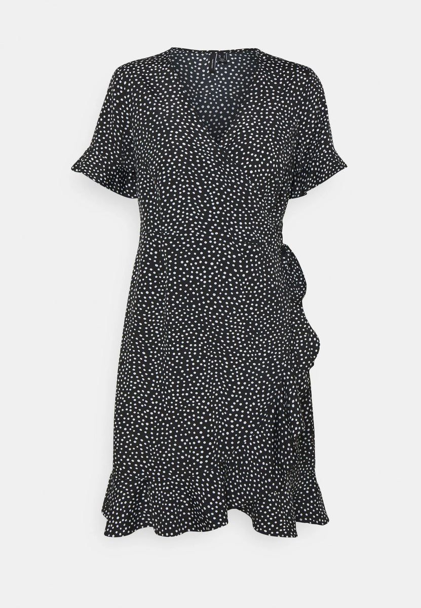 Vero Moda Henna Wrap Frill Dress - Black With White Dots – Bunka