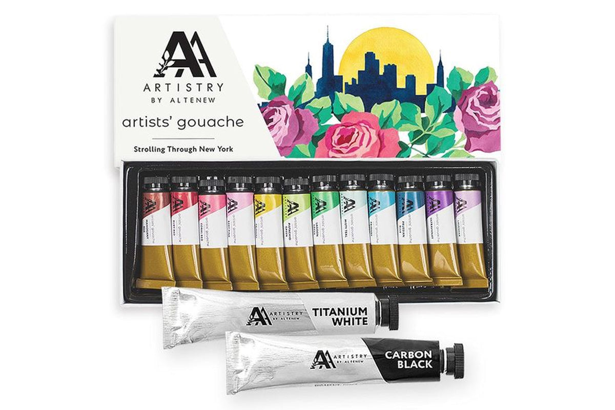 Artistry by Altenew's Artists' Gouache: Strolling Through New York paint set, plus Titanium White and Carbon Black gouache tubes