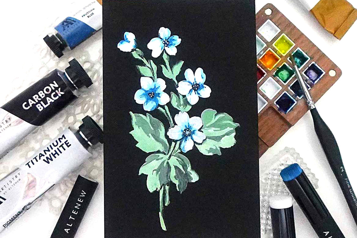 A card with a beautiful bouquet of blue-and-white flowers on black background, created with Artistry by Altenew's gouache paint set