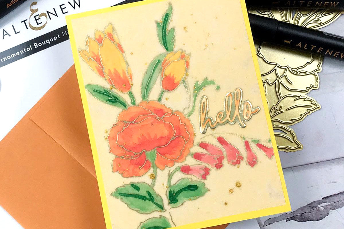 A greeting card with floral designs of an orange blossom and yellow buds, created with Artistry by Altenew's gouache paint set