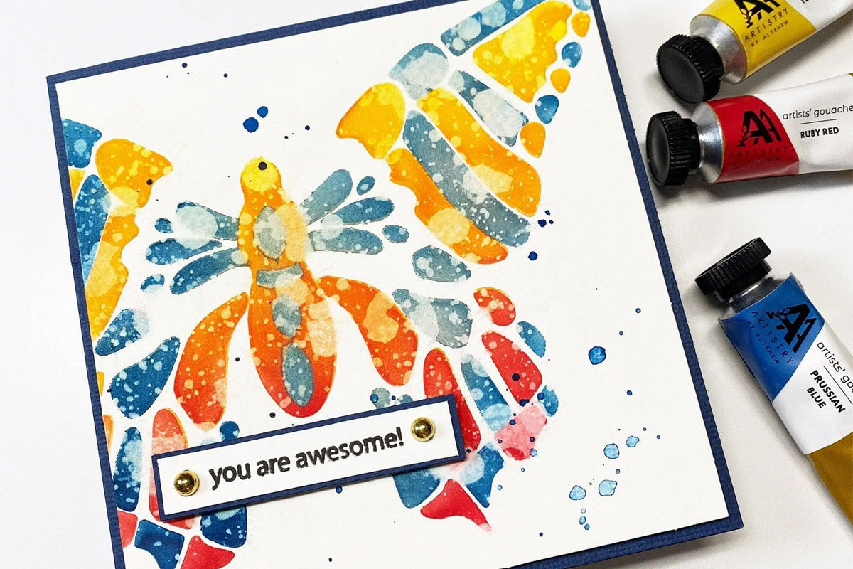 A "you are awesome" card with a colorful butterfly design, painted with Artistry by Altenew's gouache paint set