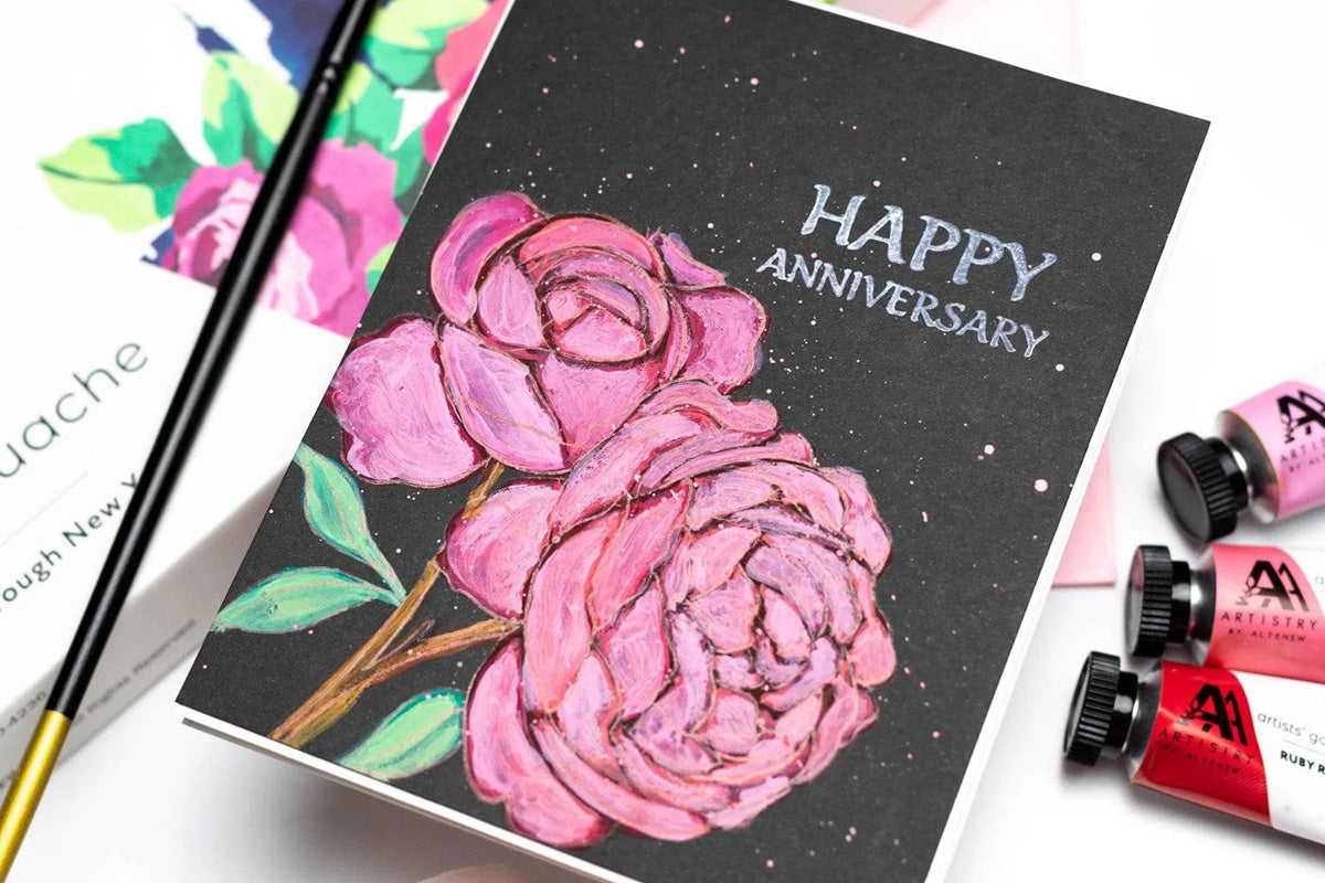 An anniversary greeting card, with two blooming roses as the focal point, created with Artistry by Altenew's gouache paint set