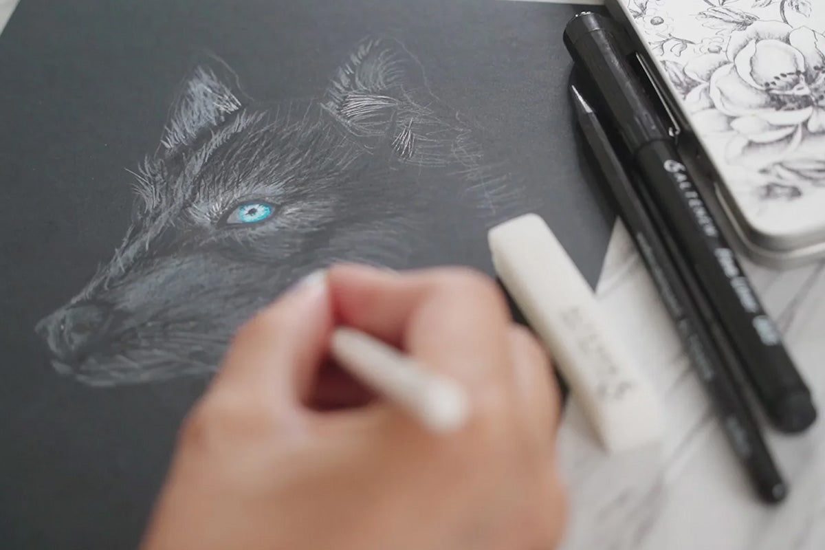 A drawing of a wolf on a black background, with glowing blue eyes