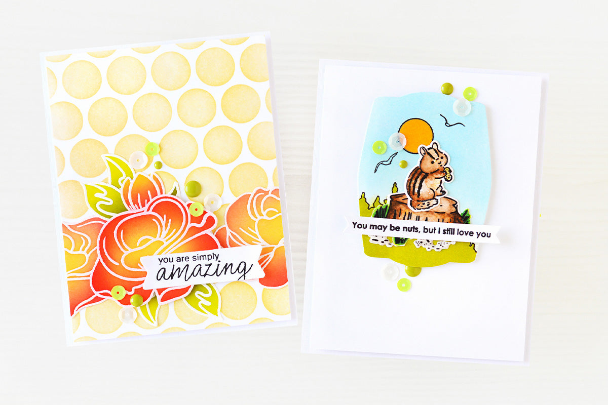 Two cards created with ink blending techniques - one floral-themed, and one animal-themed