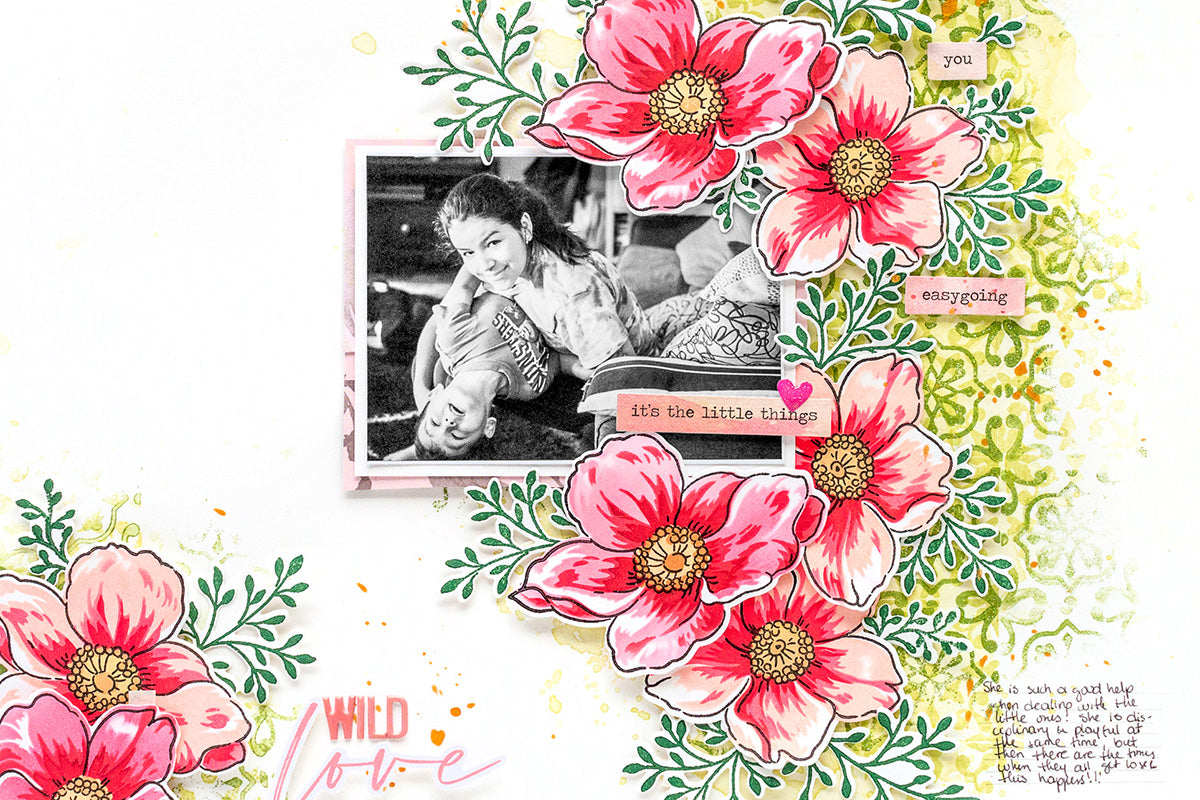 A memory-keeping entry created with red florals and a yellow-and-green ink blended background