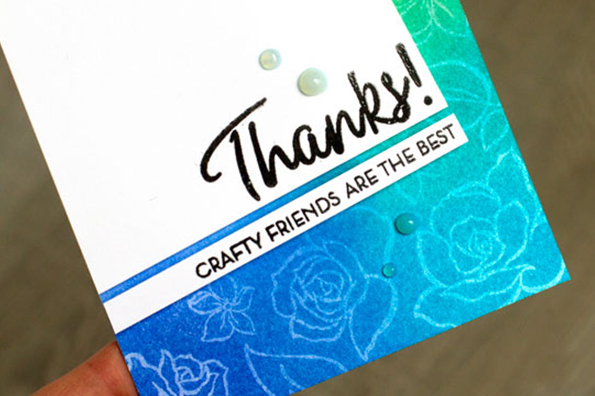 A blue-and-teal ombre background thank-you card made by Jennifer McGuire with ink-blending brushes