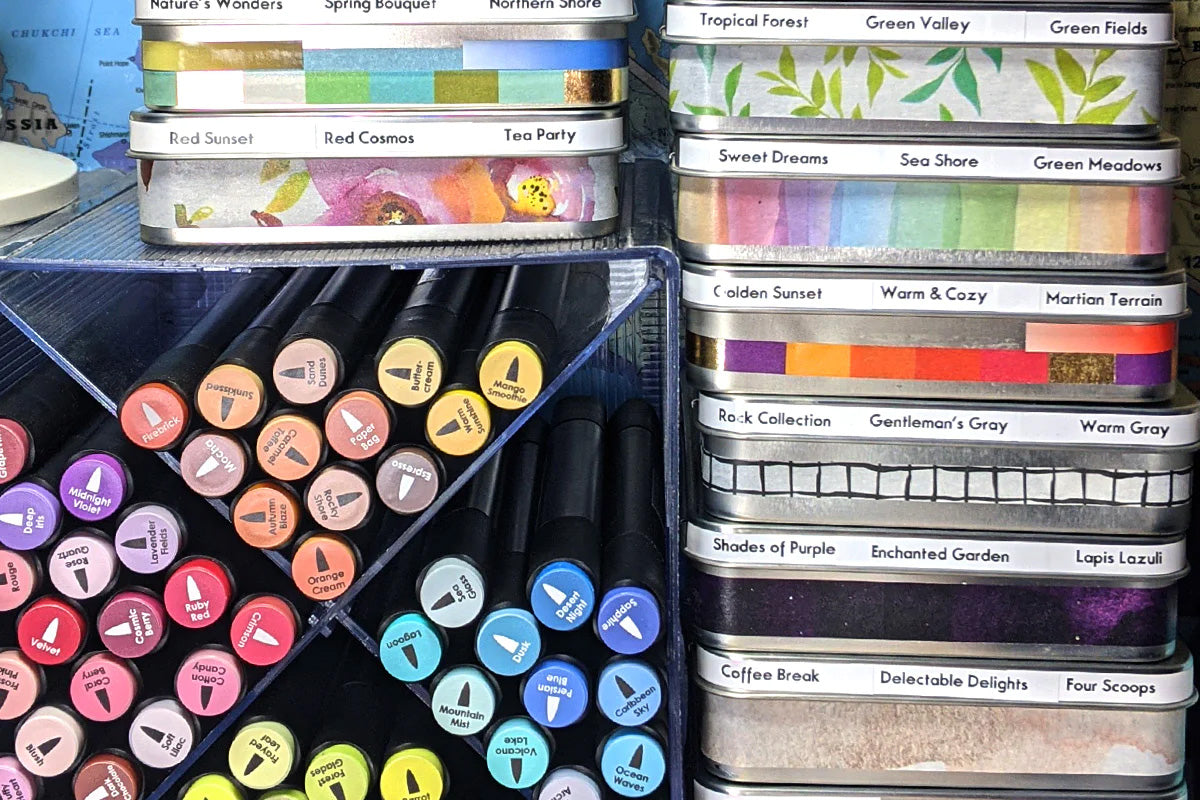 Organized crafting supplies with corresponding labels and decals for easy identification