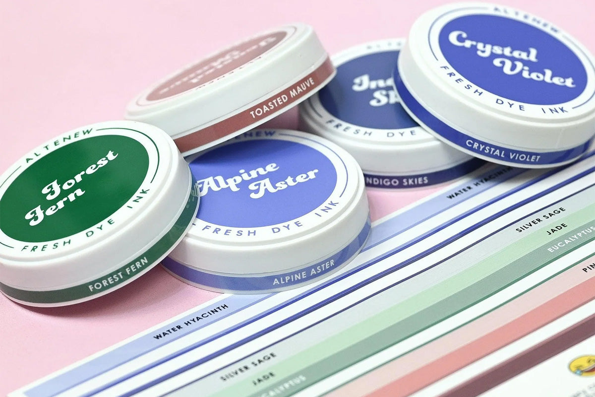 Round Ink Pads Label Set for Blue Mountains, Frosted Foliage, and Woodland Escape color families from Altenew