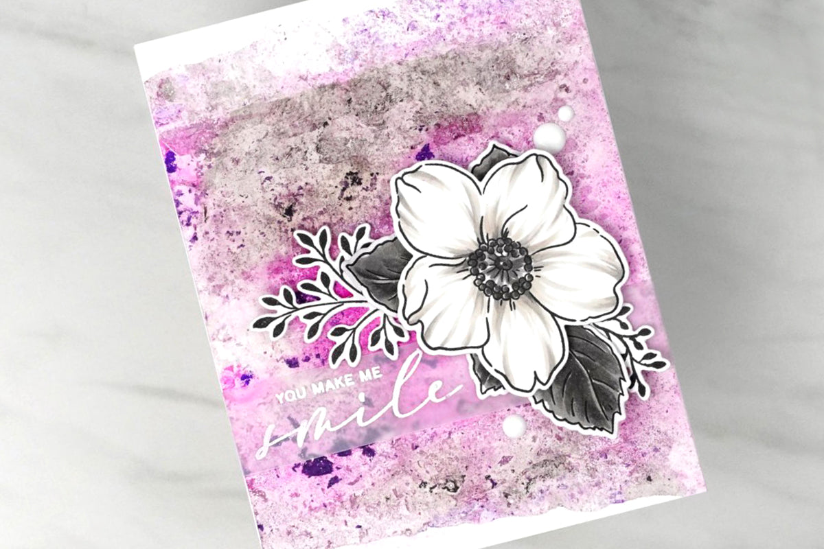 Beautiful handmade greeting card with white Japanese anemone and a Suminagashi inspired background