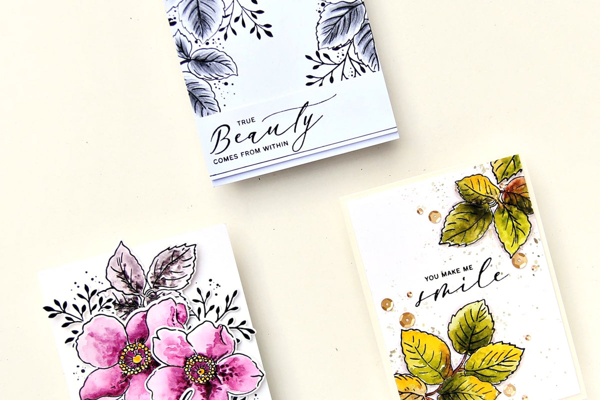 3 handmade greeting cards created with the same stamps, dies, and stencils