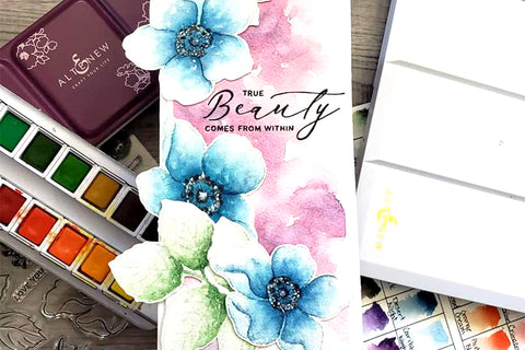 Slimline watercolor flower card, made with Beauty Within Stamp Set from Altenew