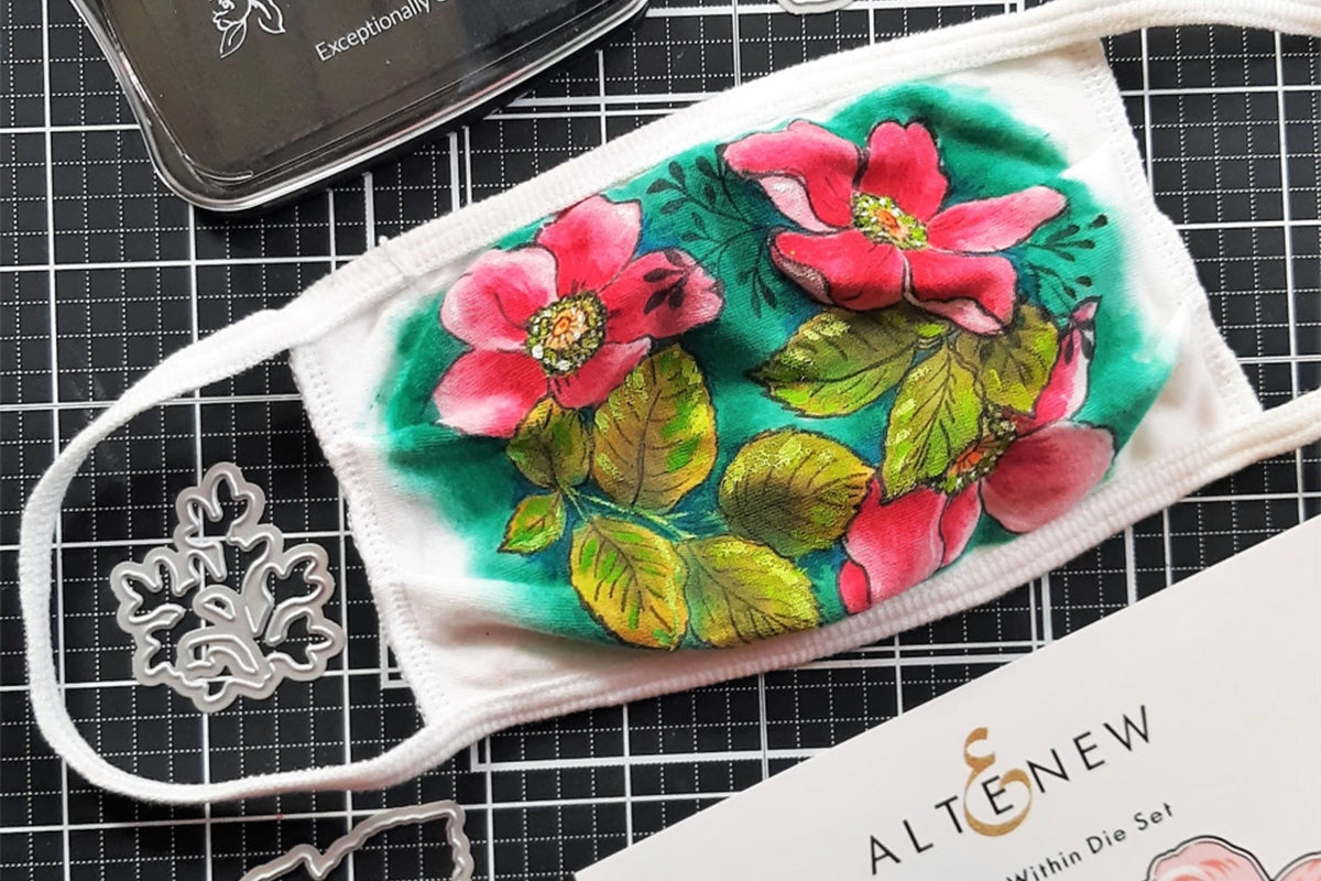 DIY mask stamped with Japanese anemone flowers from Altenew Beauty Within Set