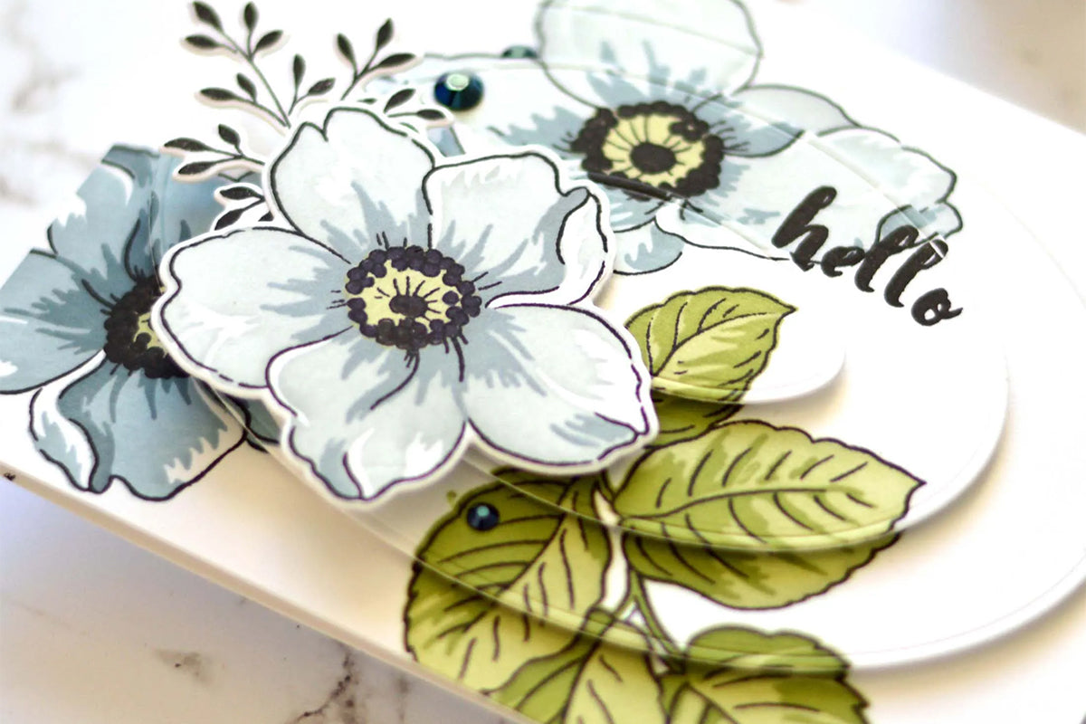 3D handmade card with stamped blue Japanese anemones
