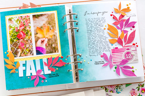 Fall-themed journal page decorated with leaves, enamel dots, and gemstones