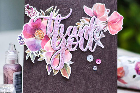 Thank you card with die-cut washi tape florals on a wood grain cardstock background