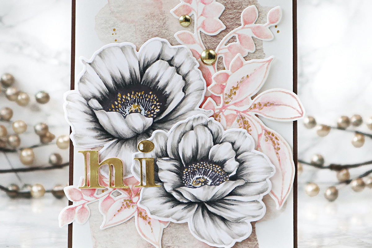 Floral greeting card with a golden peach washi tape and embellished with gold gems