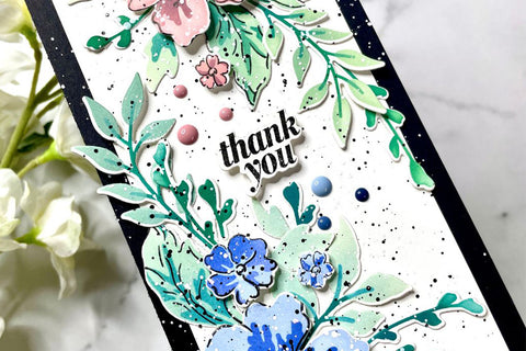 Slimline thank you card with color matching flowers and enamel dots