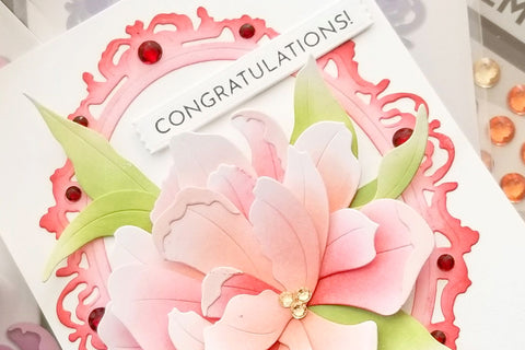 Congratulations card with pink 3D flowers and elegant frame, embellished with Altenew Gem Sparkles