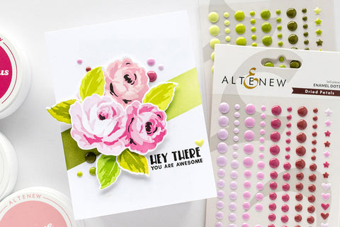 Floral handmade card with a trio of roses, decorated with enamel dots from Altenew