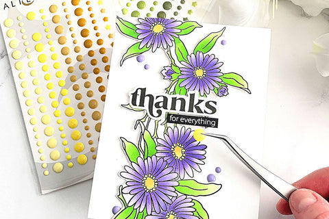 Thank you card with purple flowers, decorated with Altenew enamel dots