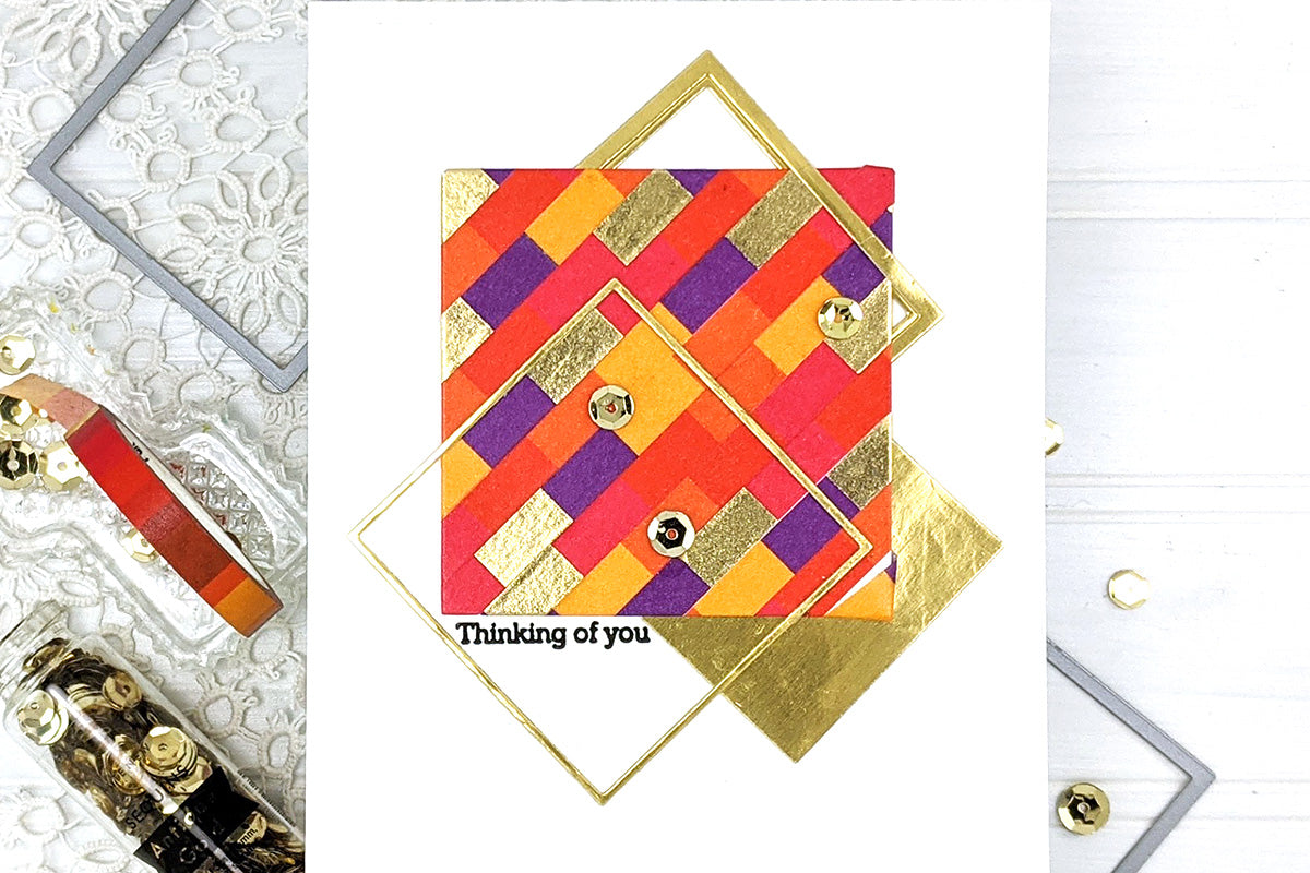 "Thinking of you" card with a colorful geometric design, decorated with Altenew washi tapes and sequins