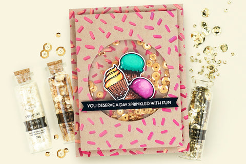 Birthday shaker card with colorful cupcakes and sequins